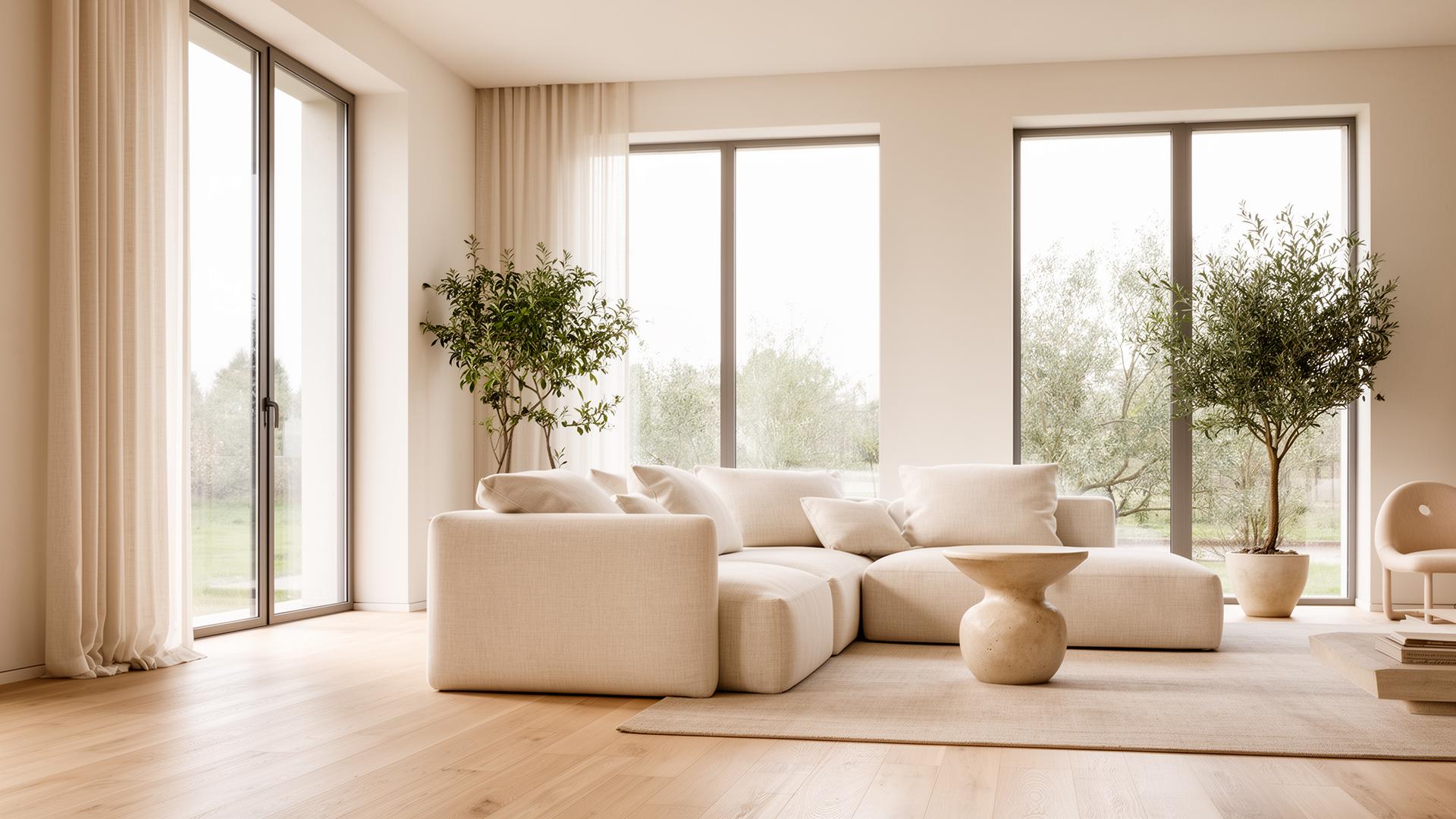 Sala de estar minimalista com sofá em linho cru, piso em carvalho e luz natural